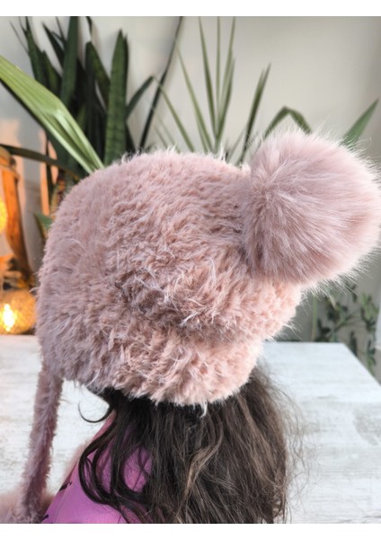 Kız Çocuk Uzun Ponponlu Kulağı Kapatan Bere Peluş Puf Puf Yumuşacık Pudra indirimleri