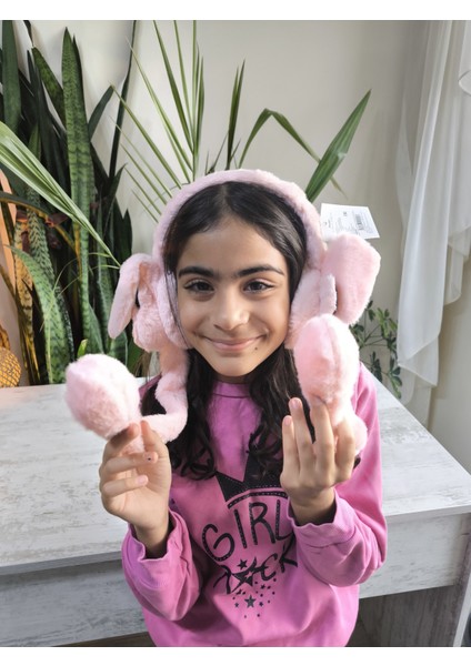 Kız Çocuk Uzun Ponponlu Kaliteli Peluş Figürlü Kulakları Oynayan Hareketli Sesli Kışlık Kulaklık