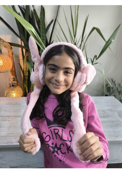 Kız Çocuk Uzun Ponponlu Kaliteli Peluş Figürlü Kulakları Oynayan Hareketli Sesli Kışlık Kulaklık