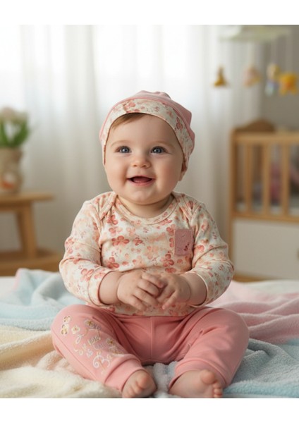 Erkek-Kız Bebek Omuz Genişletmeli Çıtçıtlı Body Pijama Bere Takımı, %100 Pamuk , Modern Tasarım
