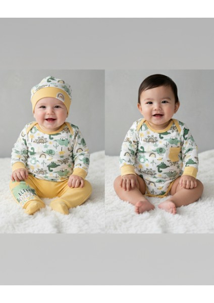 Erkek-Kız Bebek Omuz Genişletmeli Çıtçıtlı Body Pijama Bere Takımı, %100 Pamuk , Modern Tasarım