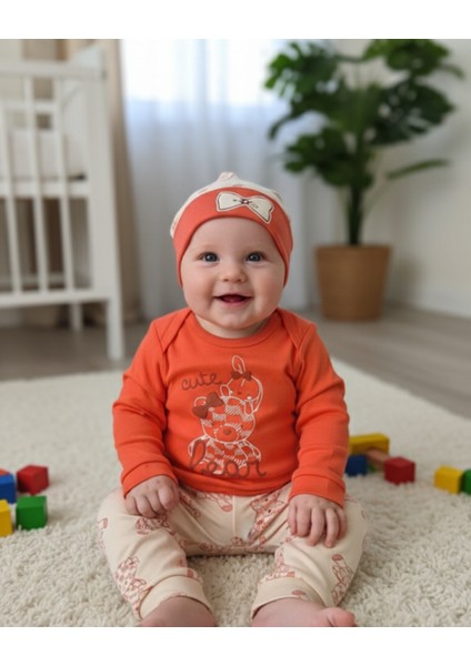 Erkek-Kız Bebek Omuz Genişletmeli Çıtçıtlı Body Pijama Bere Takımı, %100 Pamuk , Modern Tasarım