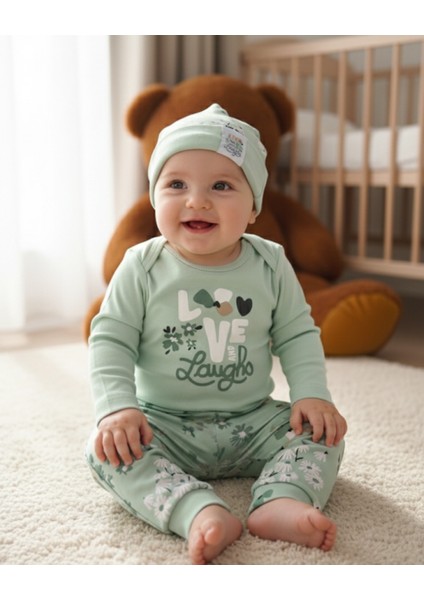 Erkek-Kız Bebek Omuz Genişletmeli Çıtçıtlı Body Pijama Bere Takımı, %100 Pamuk , Modern Tasarım