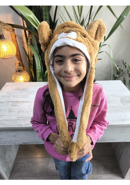Çocuk Uzun Ponponlu Kaliteli Peluş Figürlü Kulakları Oynayan Hareketli Sesli Kışlık Bere