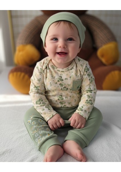 Erkek-Kız Bebek Omuz Genişletmeli Çıtçıtlı Body Pijama Bere Takımı, %100 Pamuk , Modern Tasarım