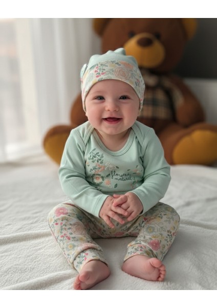 Erkek-Kız Bebek Omuz Genişletmeli Çıtçıtlı Body Pijama Bere Takımı, %100 Pamuk , Modern Tasarım