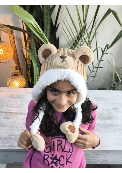 Çocuk Uzun Ponponlu Kaliteli Peluş Ayı Figürlü Içi Peluş Astarlı Bere
