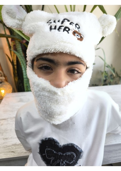 Kız Erkek Unisex Kendinden Boyunluklu Bere Peluş Figürlü Yumuşak Kulak Korumalı Hero Beyaz modelleri