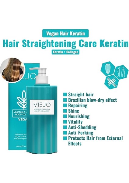 Vegan Hair Keratin - Acacia Collagen - Hair Straightening Care Keratin, Protects Hair From External Factors, Nourishing, Repairing, Vitality And Shine indirimleri