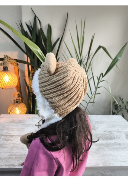Çocuk Uzun Ponponlu Kaliteli Peluş Ayı Figürlü Içi Peluş Astarlı Bere