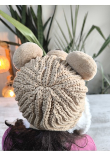 Çocuk Uzun Ponponlu Kaliteli Peluş Ayı Figürlü Içi Peluş Astarlı Bere