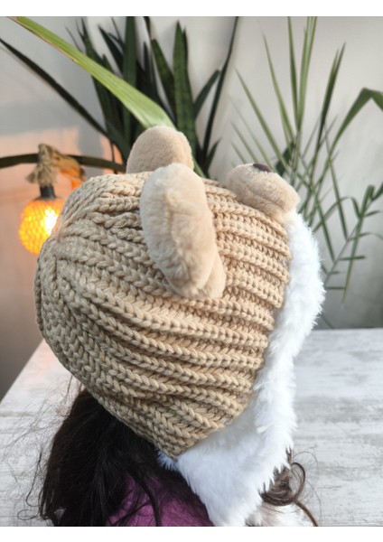Çocuk Uzun Ponponlu Kaliteli Peluş Ayı Figürlü Içi Peluş Astarlı Bere