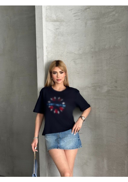 Tom Hil Taşlı Lacivert Crop T-Shirt modelleri