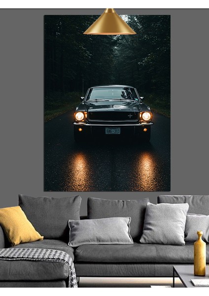 Parlak Ön Farlı Klasik Siyah Otomobil Dekoratif Kanvas - Mdf Ahşap Tablo fiyatları