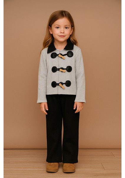Gri Tokalı Triko Ceket ve Siyah Ribana Pantolon Kız Çocuk Takımı 6008