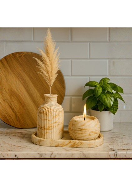 El Yapımı Mermer Desenli Beton Dekor Seti – Vazo, Mumluk ve Oval Tepsi (3 Parça)