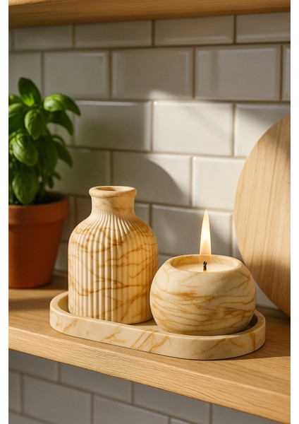 El Yapımı Mermer Desenli Beton Dekor Seti – Vazo, Mumluk ve Oval Tepsi (3 Parça) fiyatları