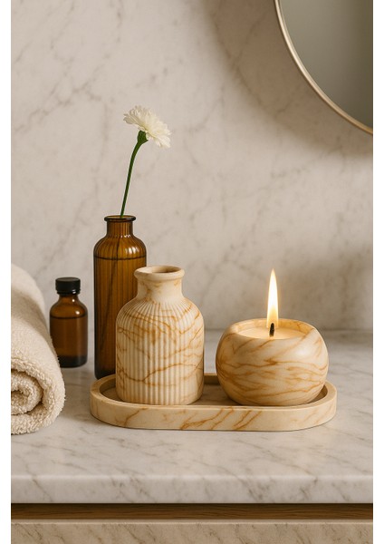 El Yapımı Mermer Desenli Beton Dekor Seti – Vazo, Mumluk ve Oval Tepsi (3 Parça) fırsatları