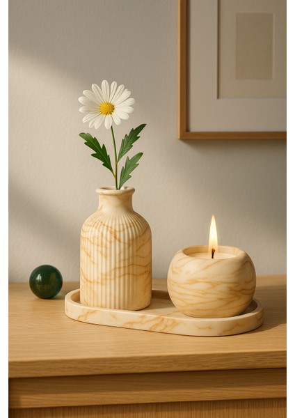 El Yapımı Mermer Desenli Beton Dekor Seti – Vazo, Mumluk ve Oval Tepsi (3 Parça) indirimleri