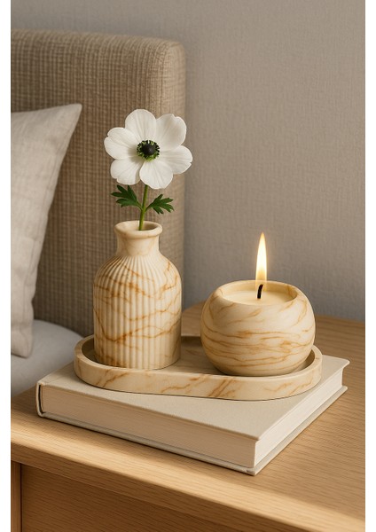 El Yapımı Mermer Desenli Beton Dekor Seti – Vazo, Mumluk ve Oval Tepsi (3 Parça)