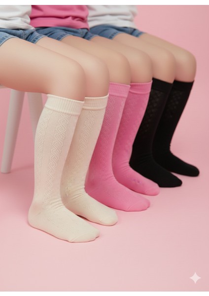 Kız Çocuk Diz Altı Çorap Kendinden Desenli Pamuklu Nefes Alabilir Terletmez 3'lü Paket