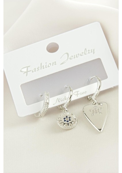 3 Adet Kalp Zirkon Taşlı Küpe