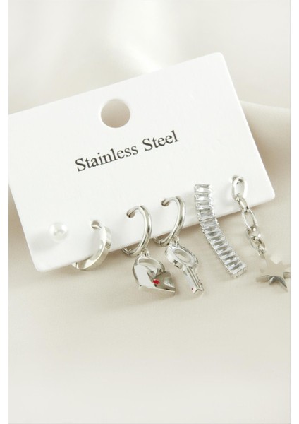 6 Adet Anahtar Kilit Zirkon Taşlı Lüks Çelik Küpe