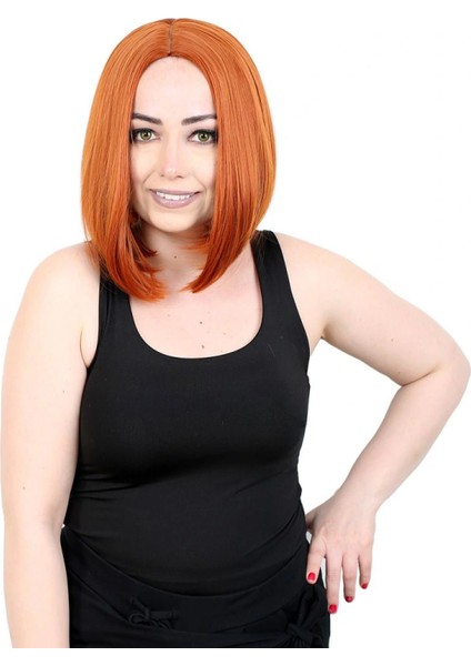 Kahkülsüz Düz Kısa Fiber Sentetik Peruk - Bakır