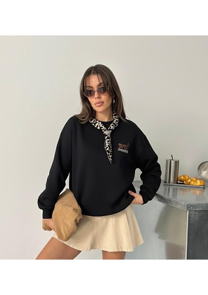 Fularlı Siyah Leopar Desenli Sweatshirt fiyatları