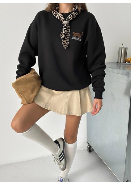 Fularlı Siyah Leopar Desenli Sweatshirt modelleri