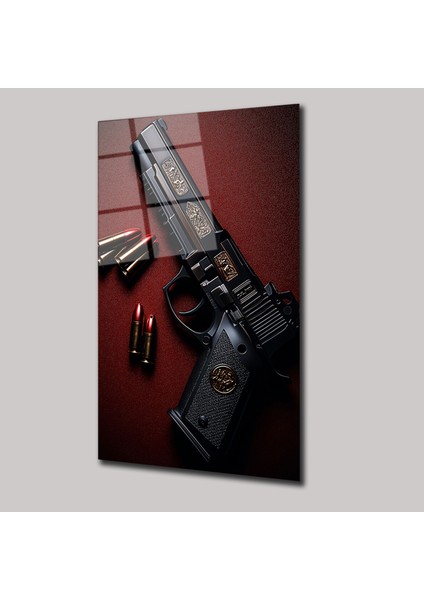 Gold Işlemeli Tabanca ve Mermiler - Cam Tablo - DEG0234