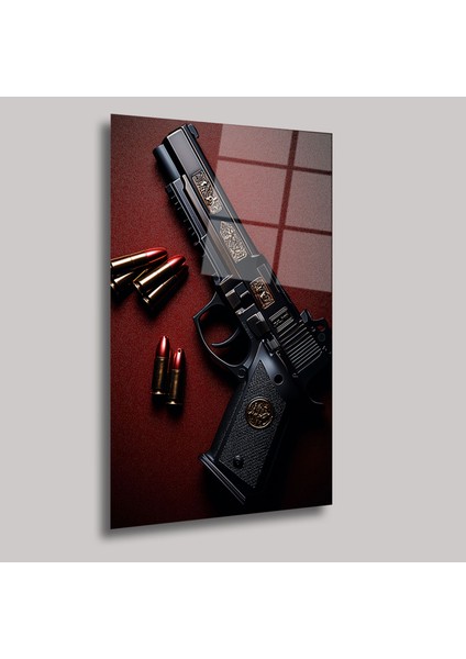 Gold Işlemeli Tabanca ve Mermiler - Cam Tablo - DEG0234 fiyatları