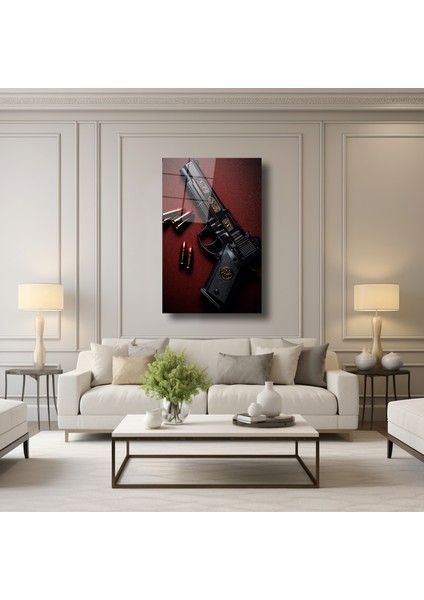 Gold Işlemeli Tabanca ve Mermiler - Cam Tablo - DEG0234 modelleri