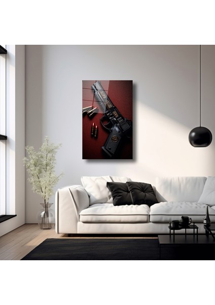 Gold Işlemeli Tabanca ve Mermiler - Cam Tablo - DEG0234 fırsatları