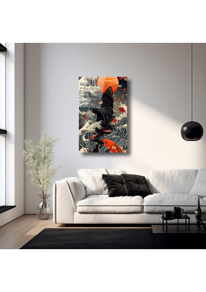 Koi ve Gece Kedisi - Cam Tablo - DEG0206 fırsatları