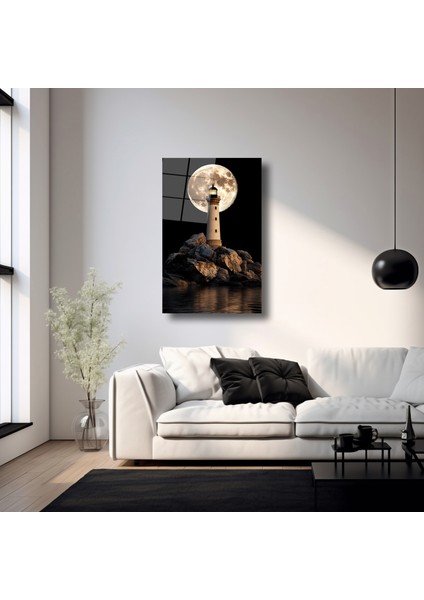Deniz Feneri ve Ay Manzaralı - Cam Tablo - DEG0147 fırsatları