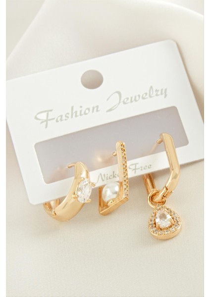 3 Adet Damla Zirkon Taşlı Küpe