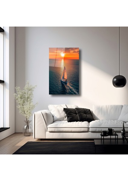 Okyanustaki Yelkenli Ile Günbatımı - Cam Tablo - DEG0102 fırsatları
