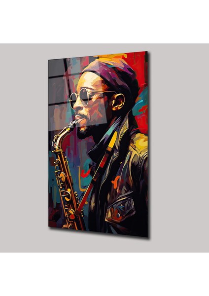 Saksafon Çalan Adam Illustratıon Art - Cam Tablo - DEG0121