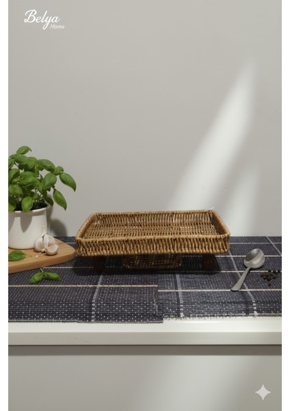 Hasır Rattan Ayaklı Dikdörtgen Tepsi | Dekoratif Sunumluk ve Servis Tepsisi