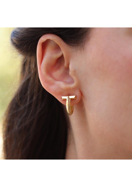 Yarı Taşlı T Halka Gümüş Küpe