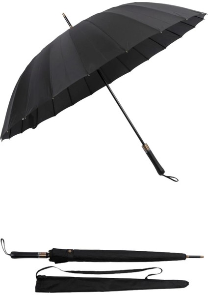 Rüzgara Dayanıklı Deri Sap Fiber 24 Tel Premium Lux Siyah Protokol Şemsiye MPR1031
