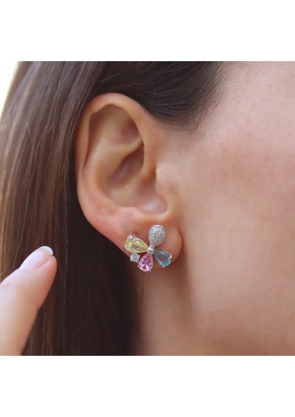 Renkli Kelebek Zirkon Taşlı Gümüş Küpe