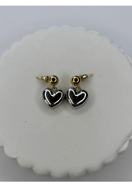 Gümüş Kalpli Altın Toplu Sallantılı Çift Renkli Küpe