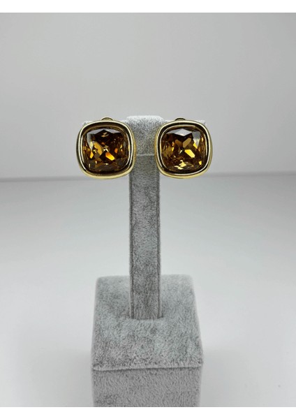 Kahve Tonlarında Parlak Kare Şekilli Gold Renkli Küpe