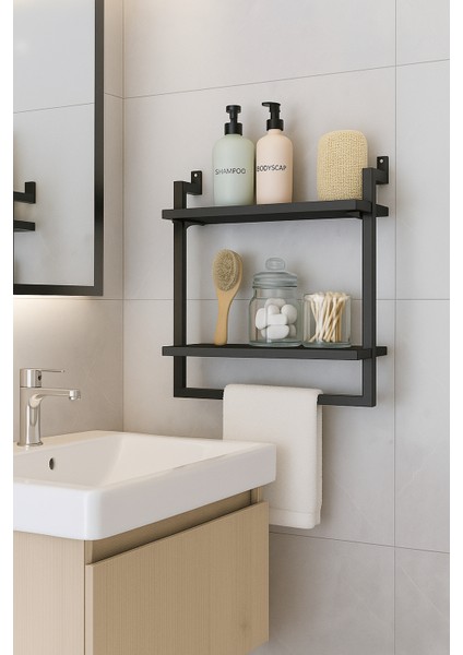 40x20 cm Banyo Rafı, Duvara Monte Havluluk, 2 Katlı Dekoratif Düzenleyici Organizer, Siyah Metal