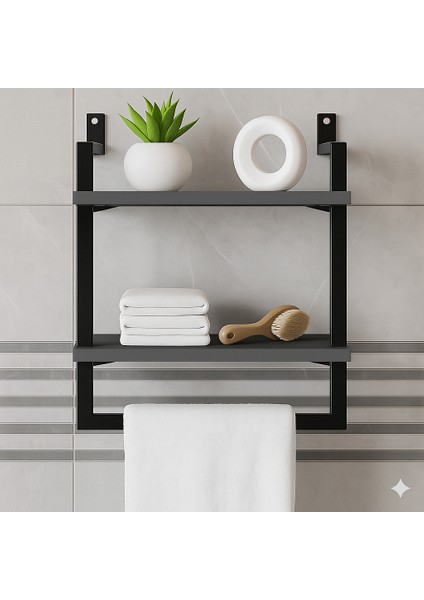 40x20 cm Banyo Rafı, Duvara Monte Havluluk, 2 Katlı Dekoratif Düzenleyici Organizer, Siyah Metal fiyatları