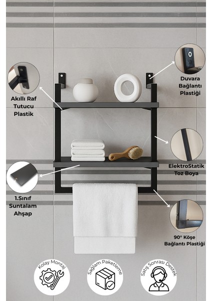 40x20 cm Banyo Rafı, Duvara Monte Havluluk, 2 Katlı Dekoratif Düzenleyici Organizer, Siyah Metal modelleri