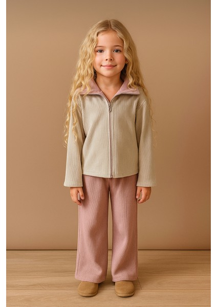 Bej Fermuarlı Ribana Sweat ve Gül Kurusu Pantolon Kız Çocuk Takımı 6007