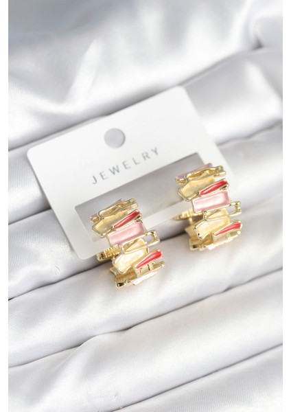 Mineli Karışık Renkli Gold Pirinç Kadın Küpe